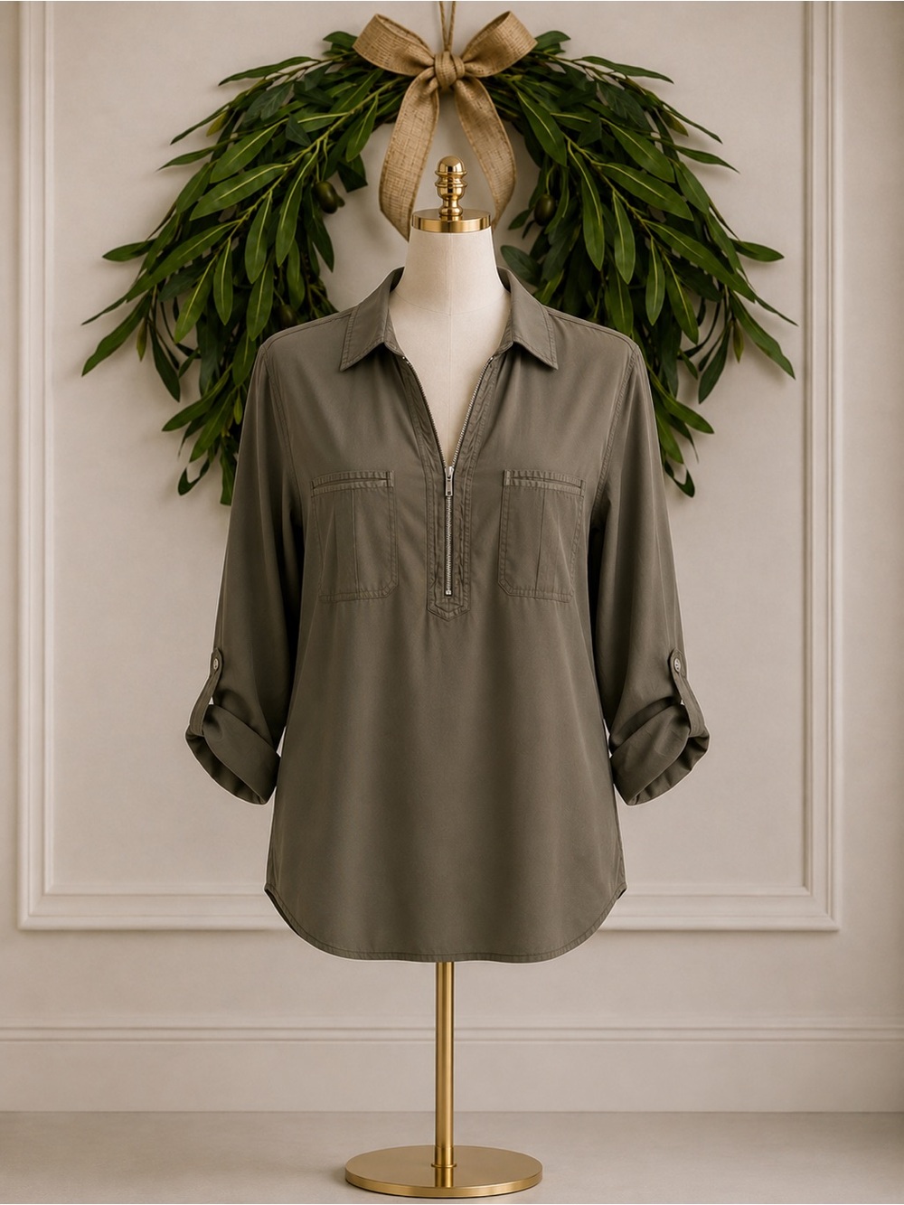 Chico’s Olive Green Silky Satiny Polyester Blouse Size 2 Large